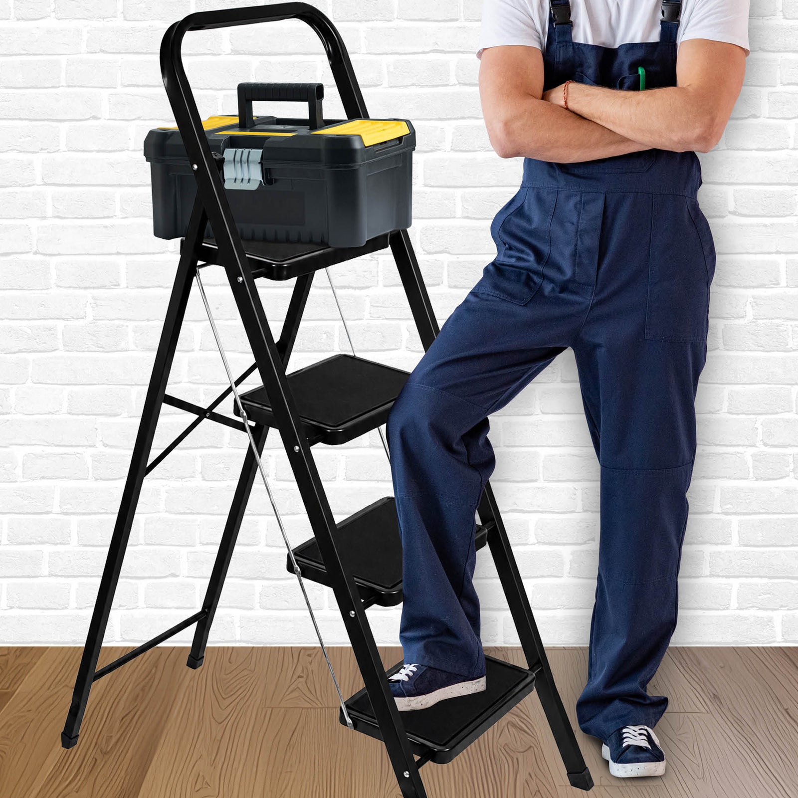 4 Step Ladder Heavy-duty Steel Folding Step Stool 150kg Capacity | Black