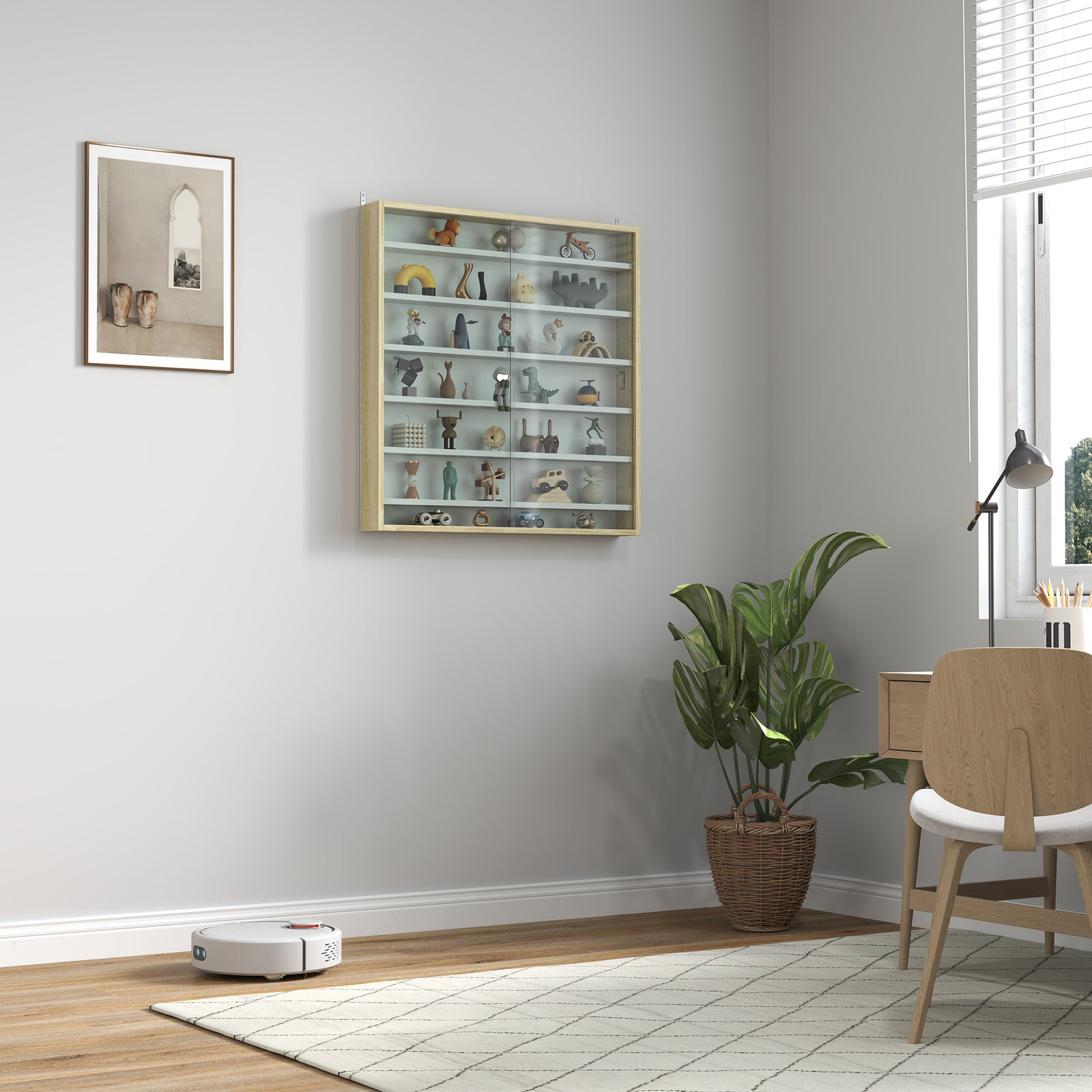 7-tier Wall Display Cabinet W/ Shelves Glass Doors | Oak