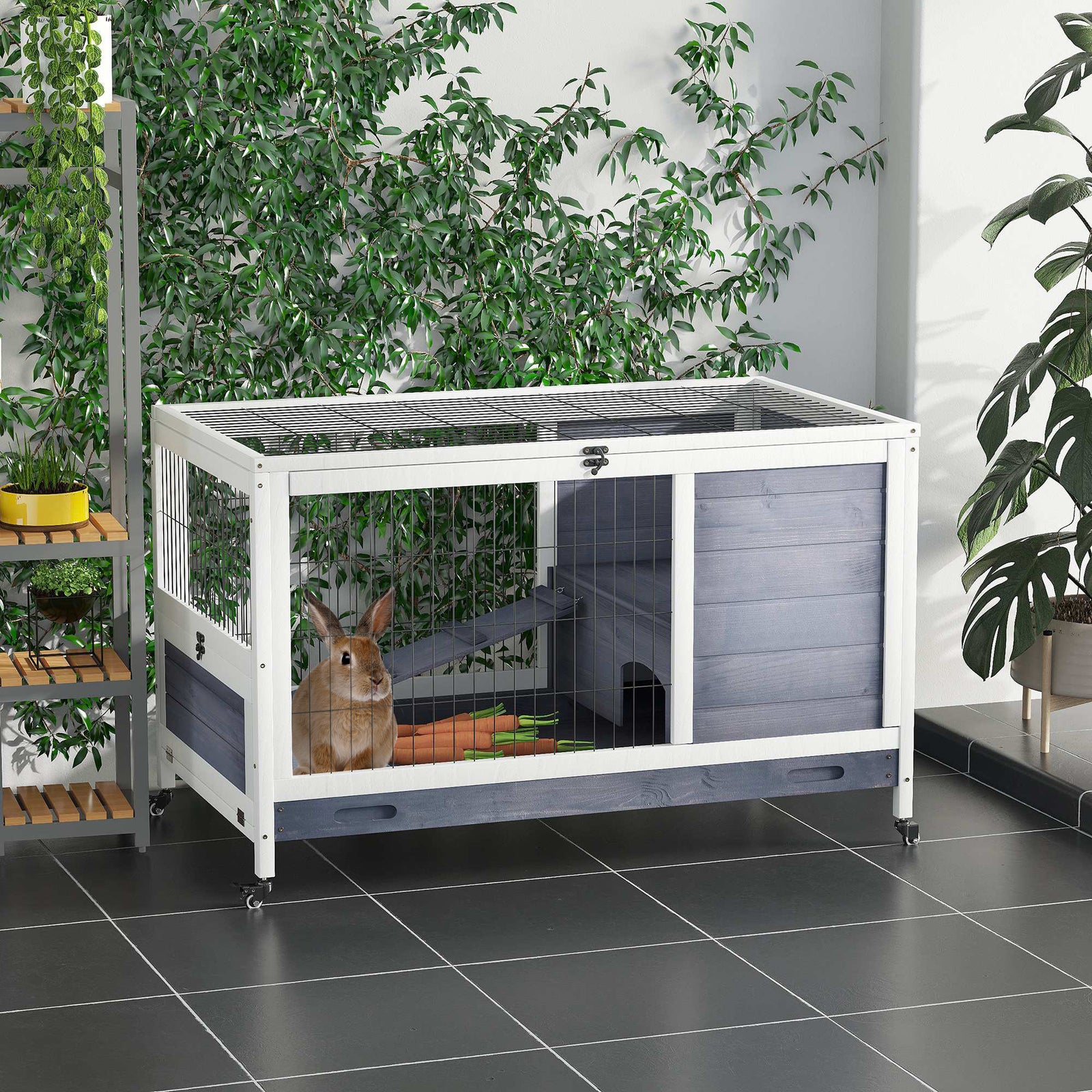 Wood Indoor Rabbit Hutch Elevated 2-floor Guineas Pigs Cage W/ Wheels | Gray