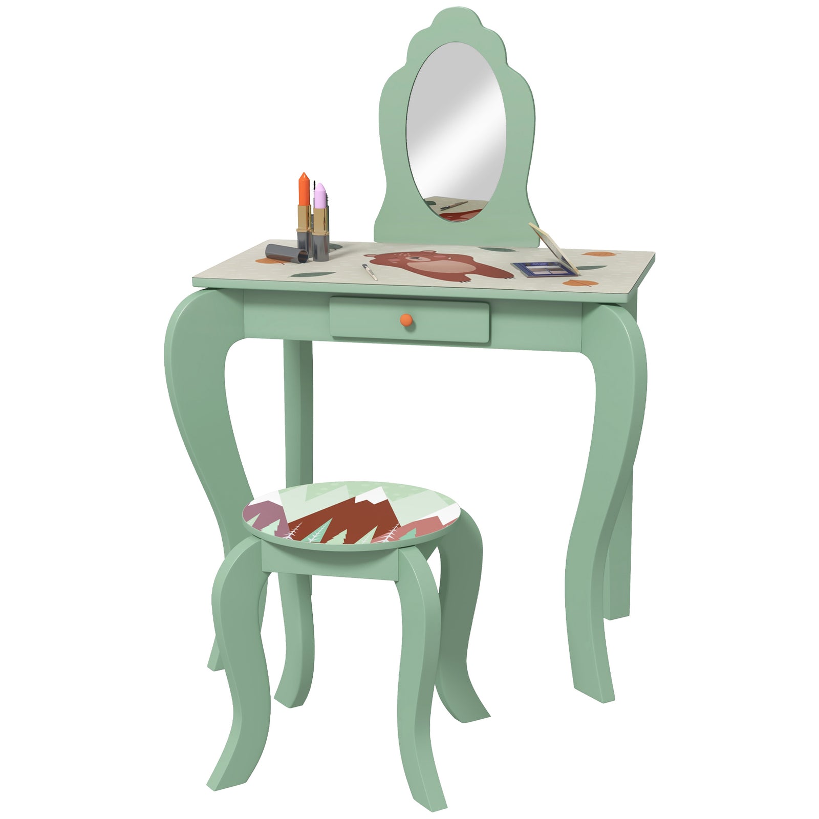 Kids Dressing Table With Mirror, Stool, Drawer, Girls Vanity Table | Green
