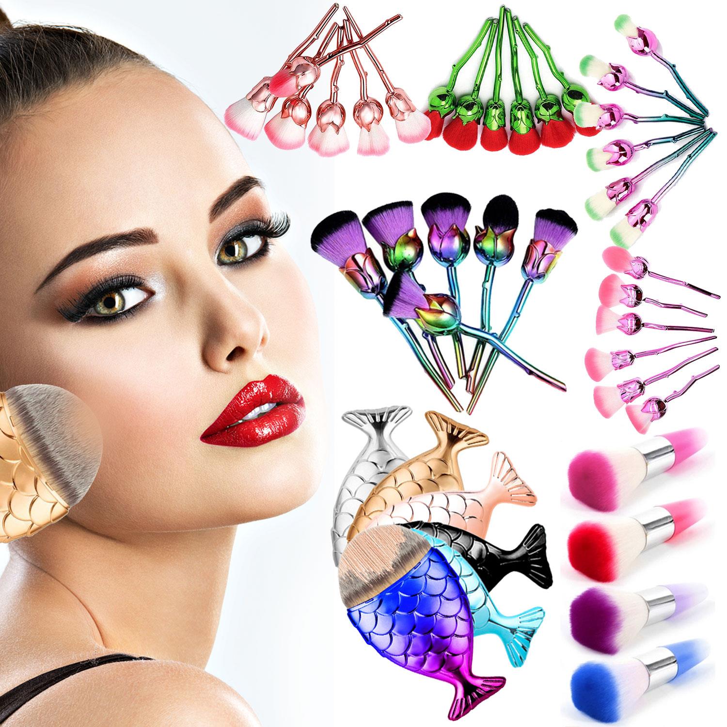 Aquarius 6pcs Rose Makeup Brush Set Pink Blue Flower Sculpted Handle Cosmetic Tool Kit