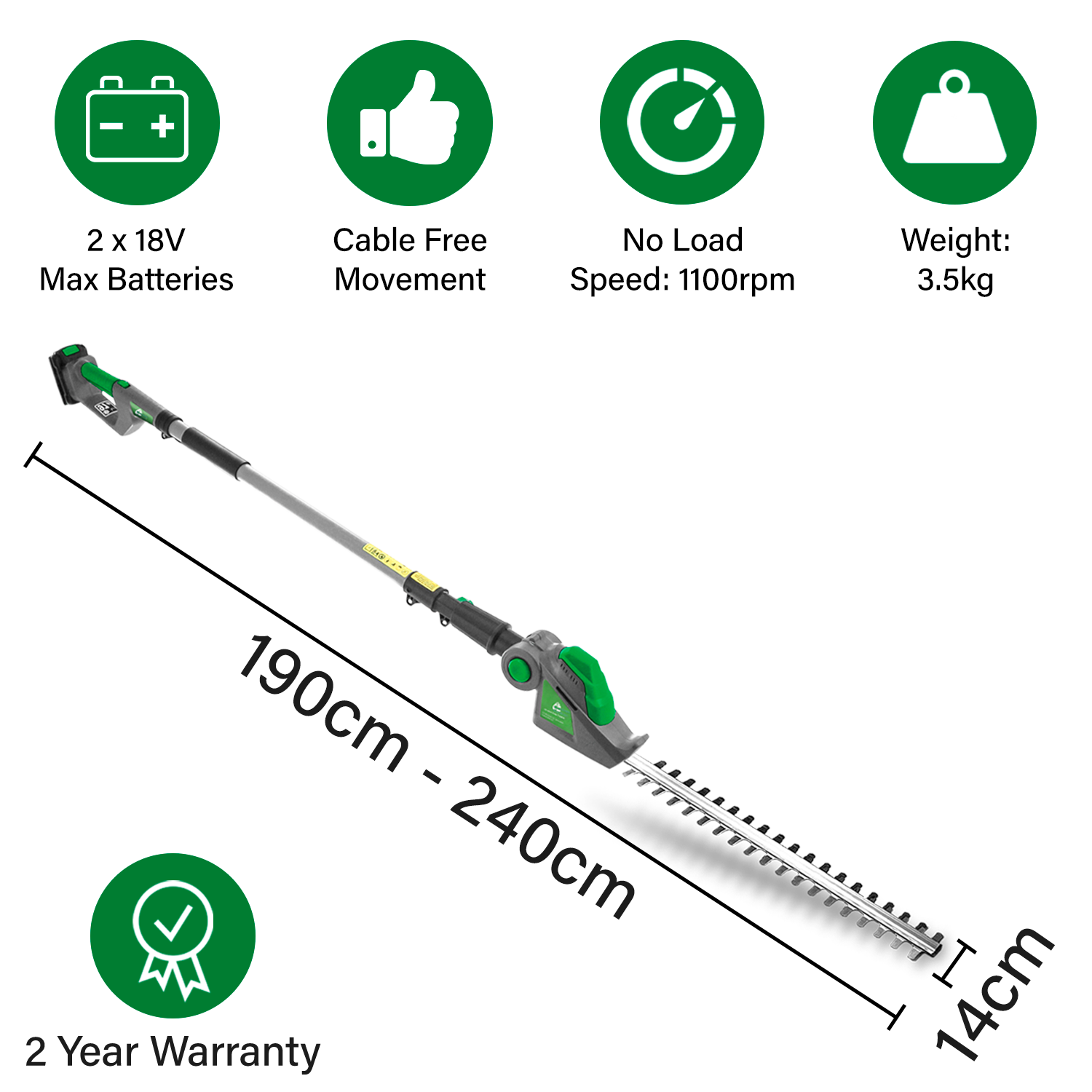 Cordless Hedge Trimmer 18v Li-ion Long Reach Telescopic Garden Hedge Cutter, Battery & Charger Included