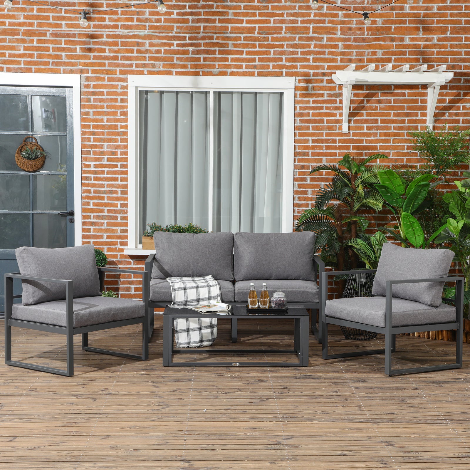 Outsunny 4 Pieces Garden Sectional Sofa Table Furniture Set Aluminium