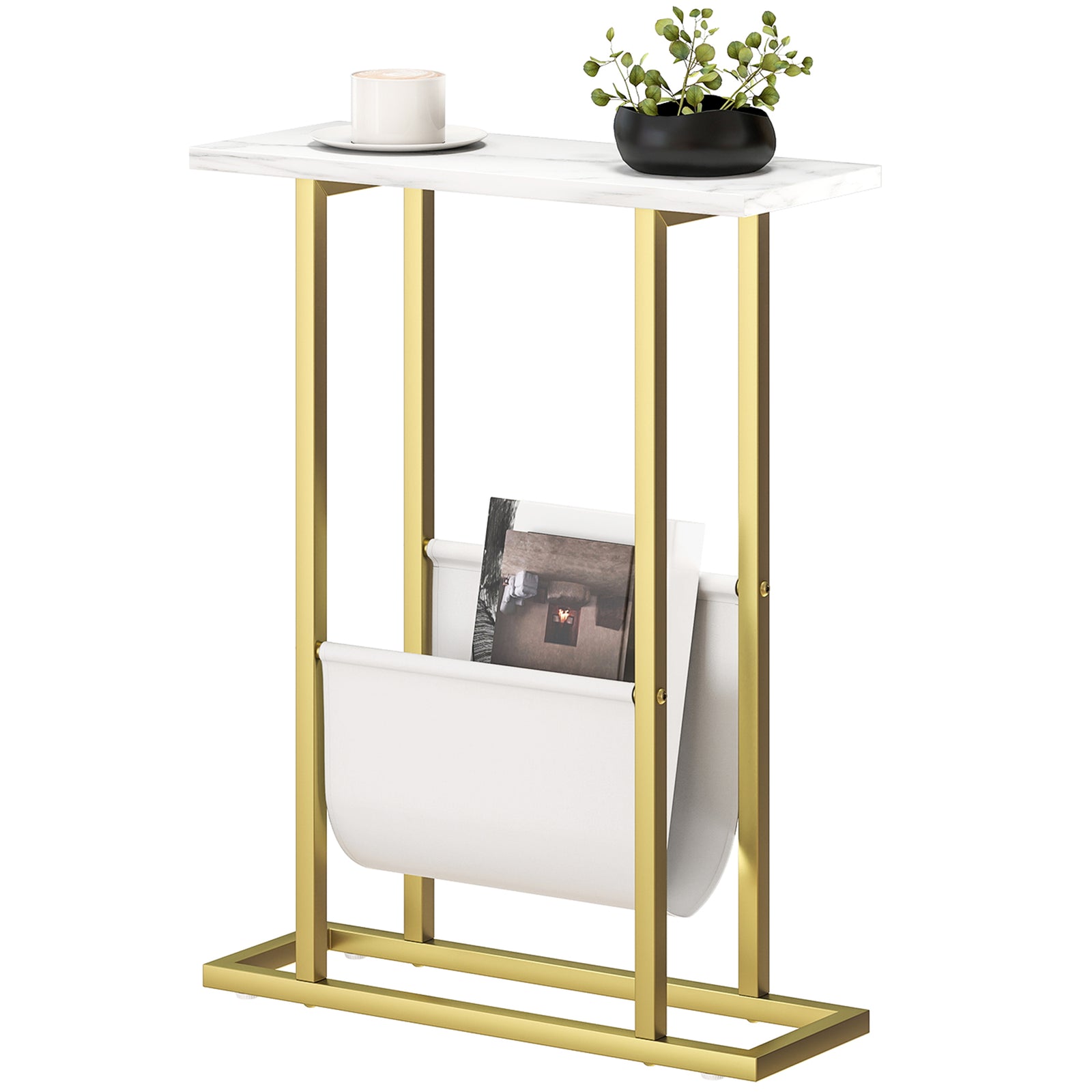 HOMCOM Narrow Side Table, End Table With Magazine Holder For Small Spaces