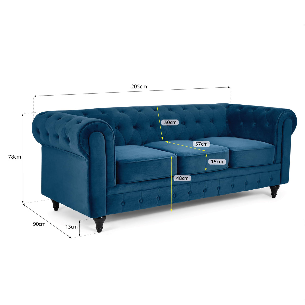 Chesterfield Scroll Arm Velvet Sofa 3 Seater | Navy Blue
