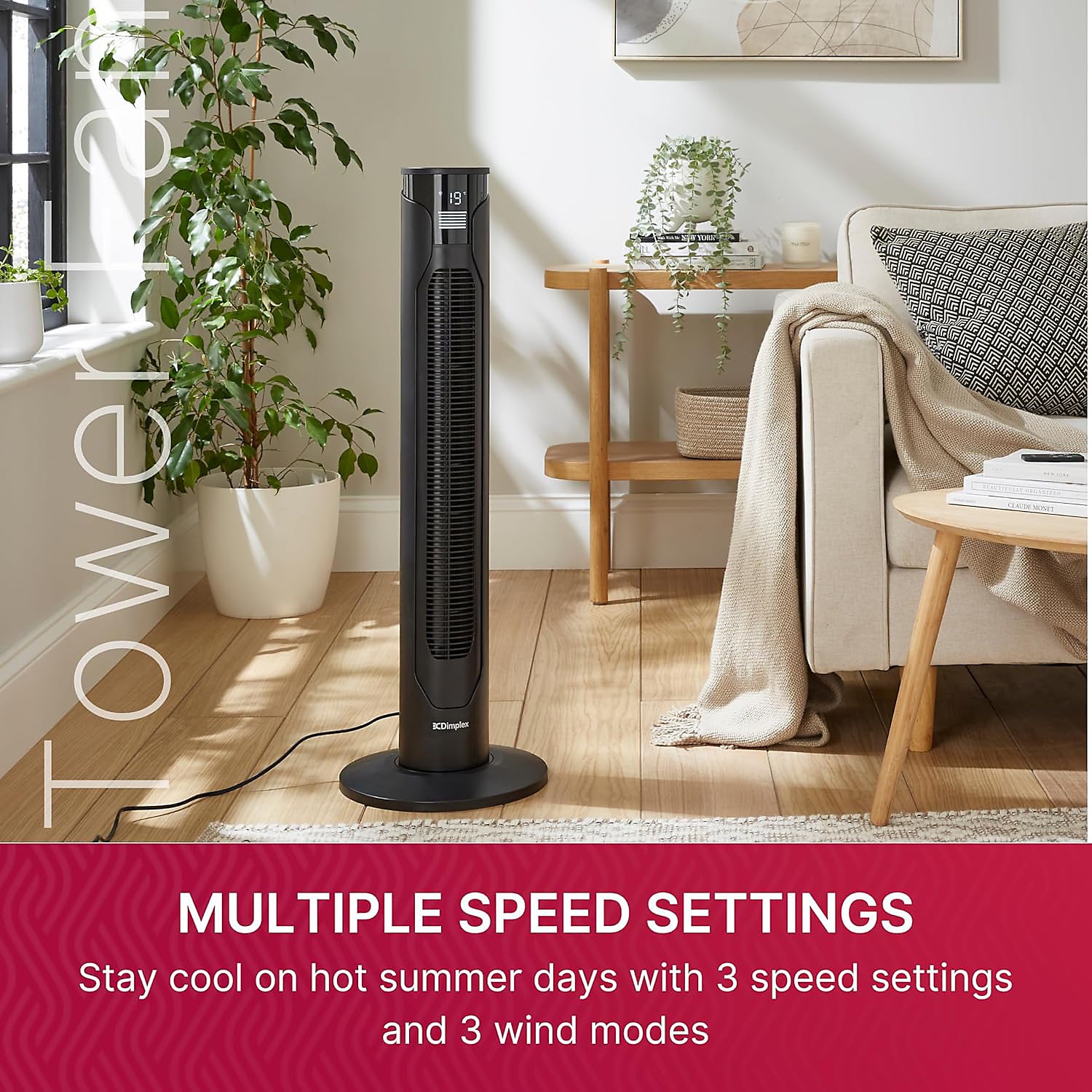 Tower Fan With Remote Control, 3 Speeds + Night Mode, Timer
