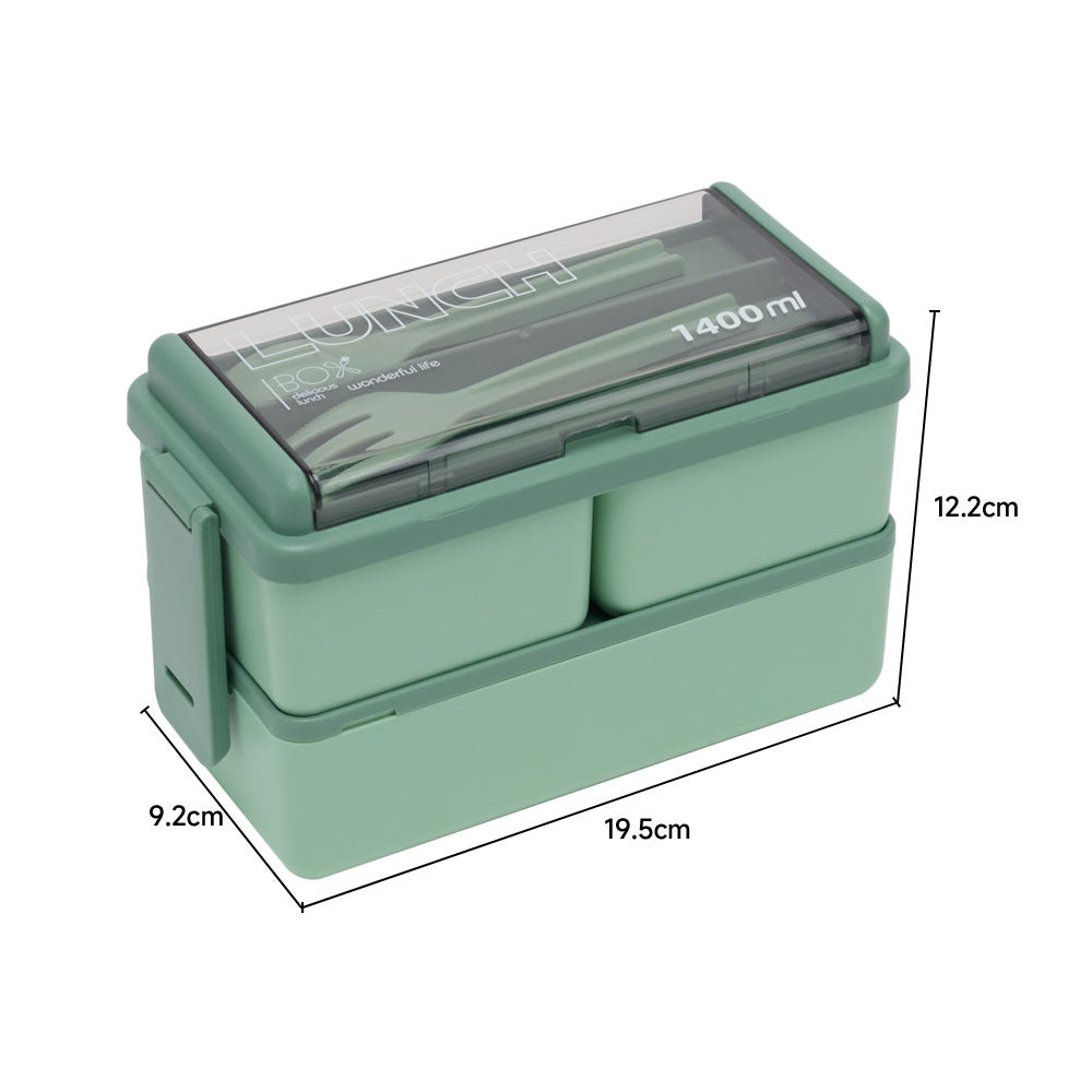 Dual-layer Plastic Bento Lunch Box With Cutlery | Green
