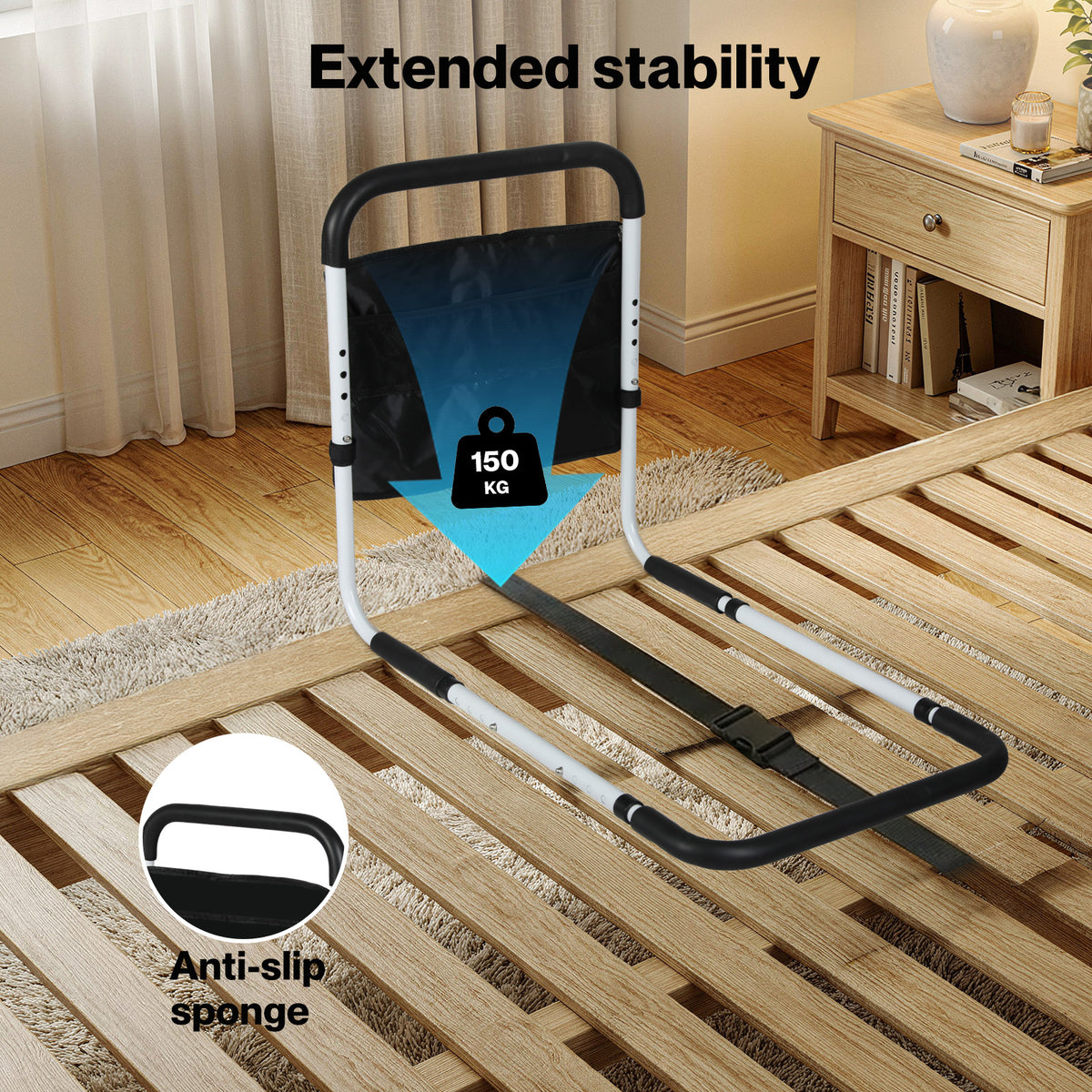 Bed Rails Adjustable Storage Pocket Assist Support Side Railings | White & Black