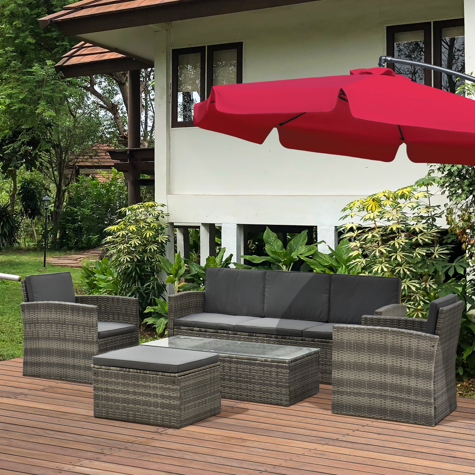 5 Pcs Rattan 3-seater Sofa Single Sofas Footstool
