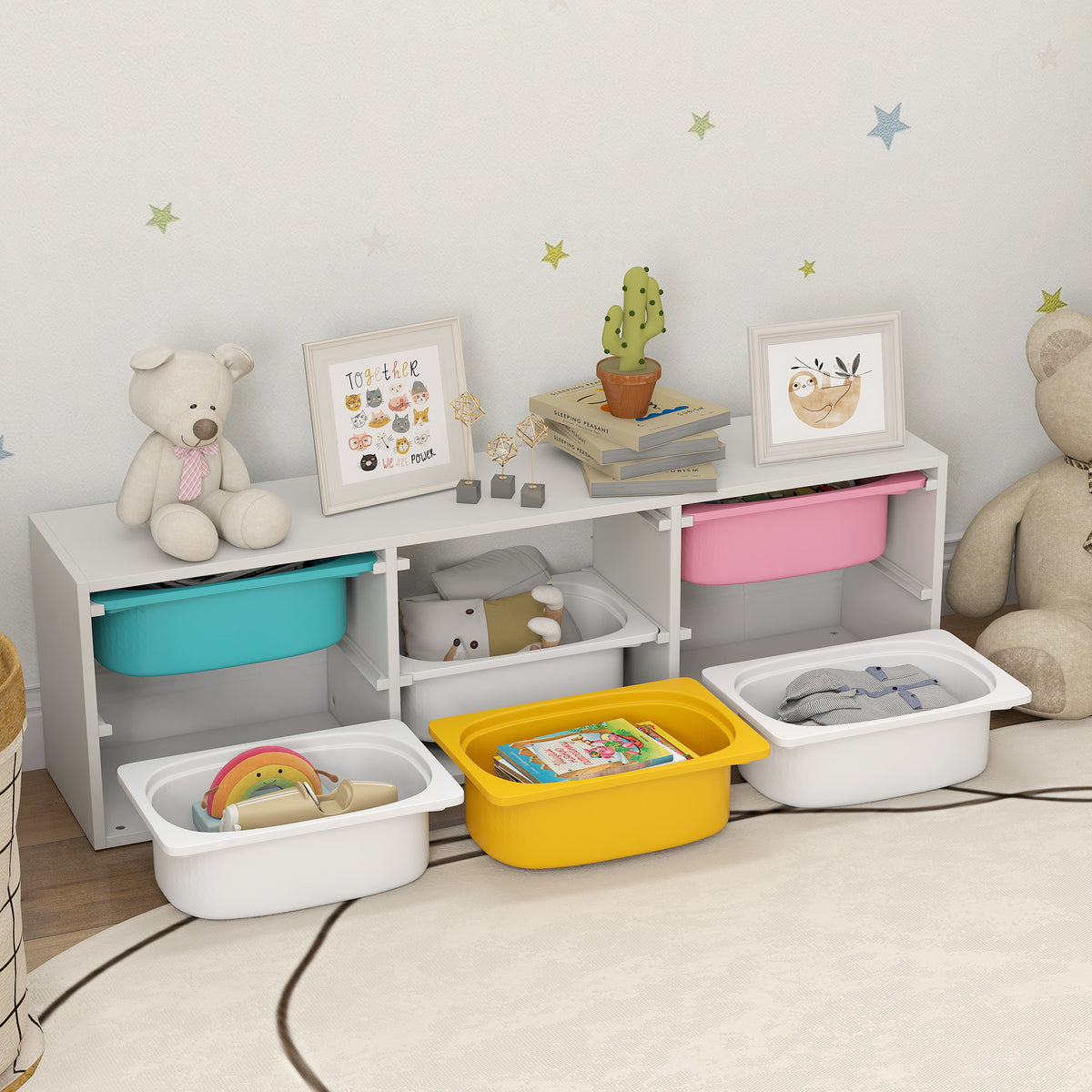AIYAPLAY 2 Tiers Toy Storage Organiser With 6 Plastic Bins, Low Height