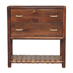 Solid Wood Regency Woven Nightstand, 2 Drawers And 1 Braided Open Shelf, Dark Brown