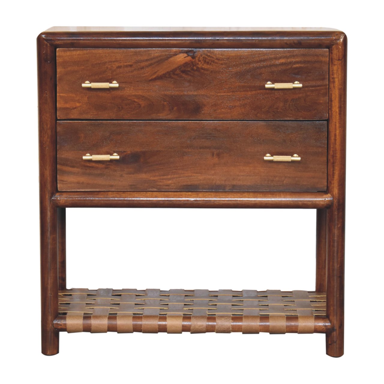 Solid Wood Regency Woven Nightstand, 2 Drawers And 1 Braided Open Shelf, Dark Brown