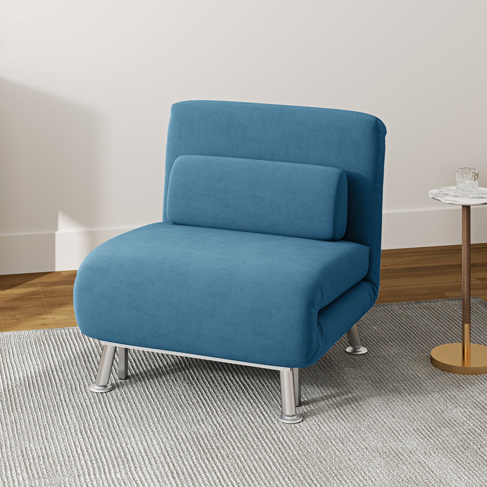 Single Sofa Bed Folding Chair Bed Metal Frame Padding Pillow | Blue