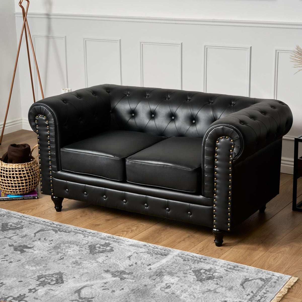 Chesterfield Scroll Arm Faux Leather Sofa 2 Seater | Black