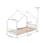 Kids Pine Wood House Bed Frame With Guardrails – 190cm X 90cm Low Design White  Toddler Single Bed