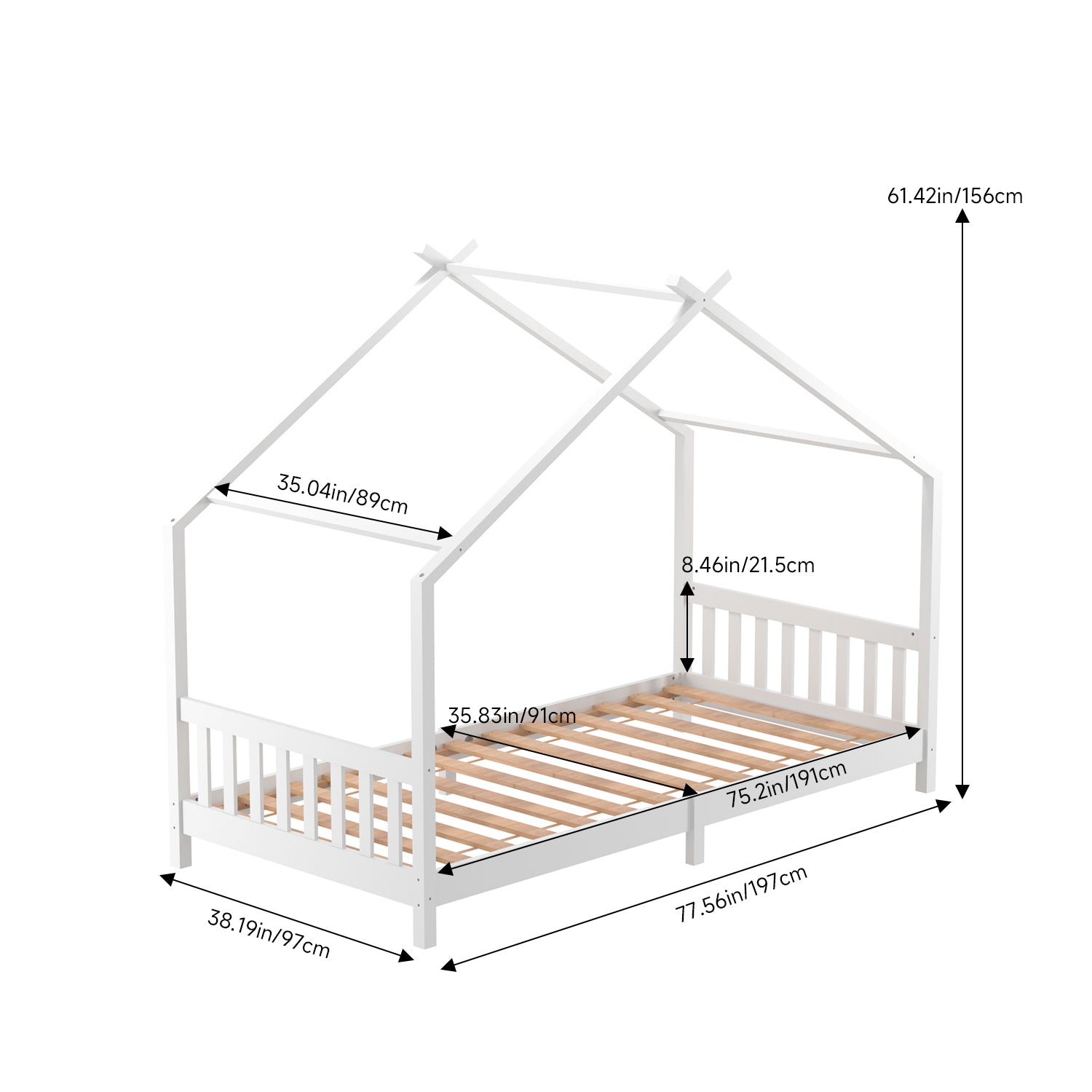 Kids Pine Wood House Bed Frame With Guardrails – 190cm X 90cm Low Design White  Toddler Single Bed