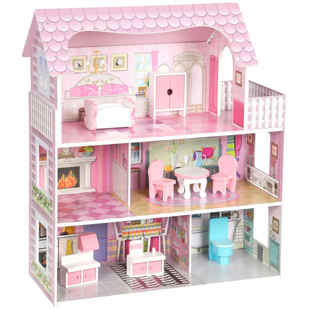 Dolls House With 8 Pieces Accessories, 3-level For 3-6 Years, Pink