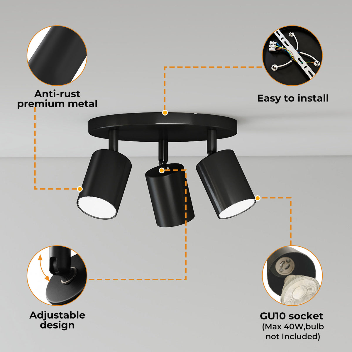 Emitto 3-way Spotlight Ceiling Light Adjustable Gu10 Modern Round Base