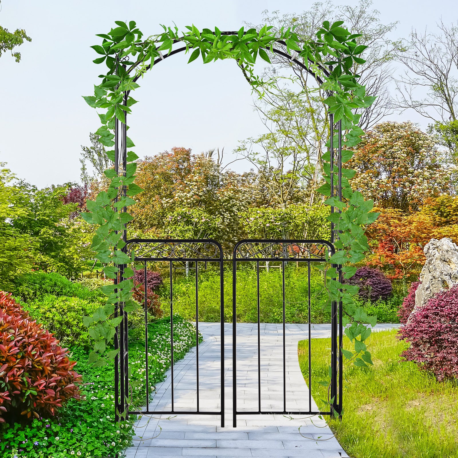 Garden Decorative Metal Arch With Gate, 108x45x215 Cm
