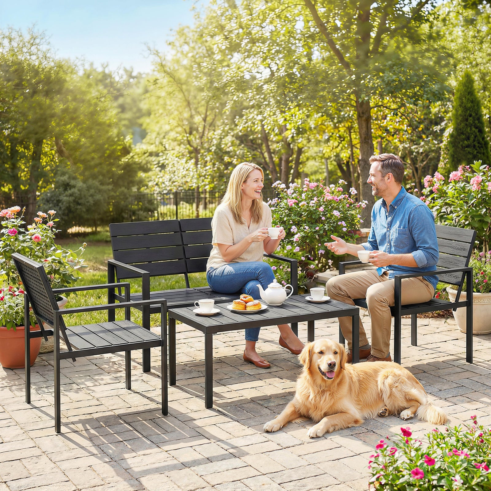4 Piece Garden Furniture Set, Hdpe Metal Outdoor Sofa | Black