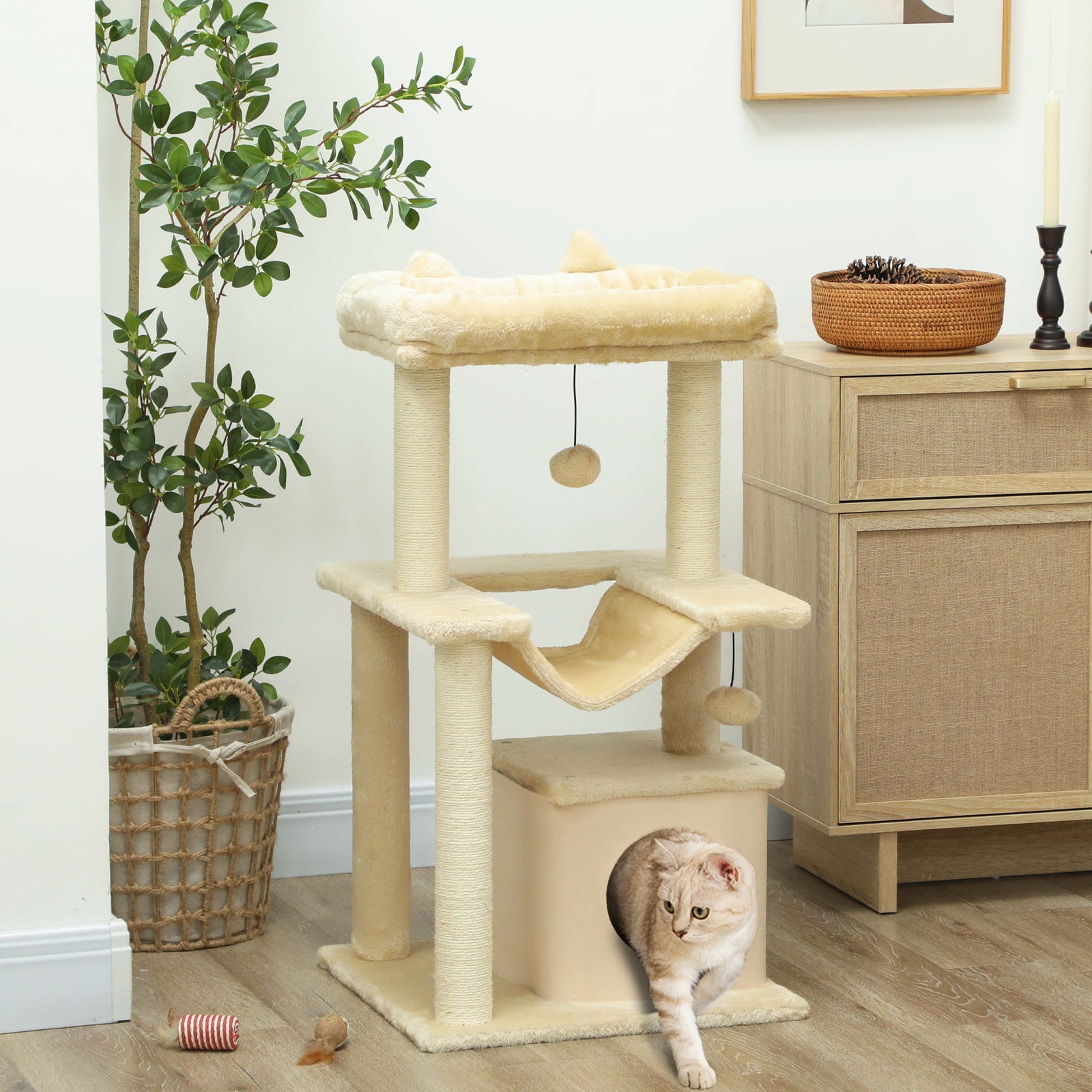 Cat Tree, 90cm Cat Tower With Sisal Scratching Posts | Beige