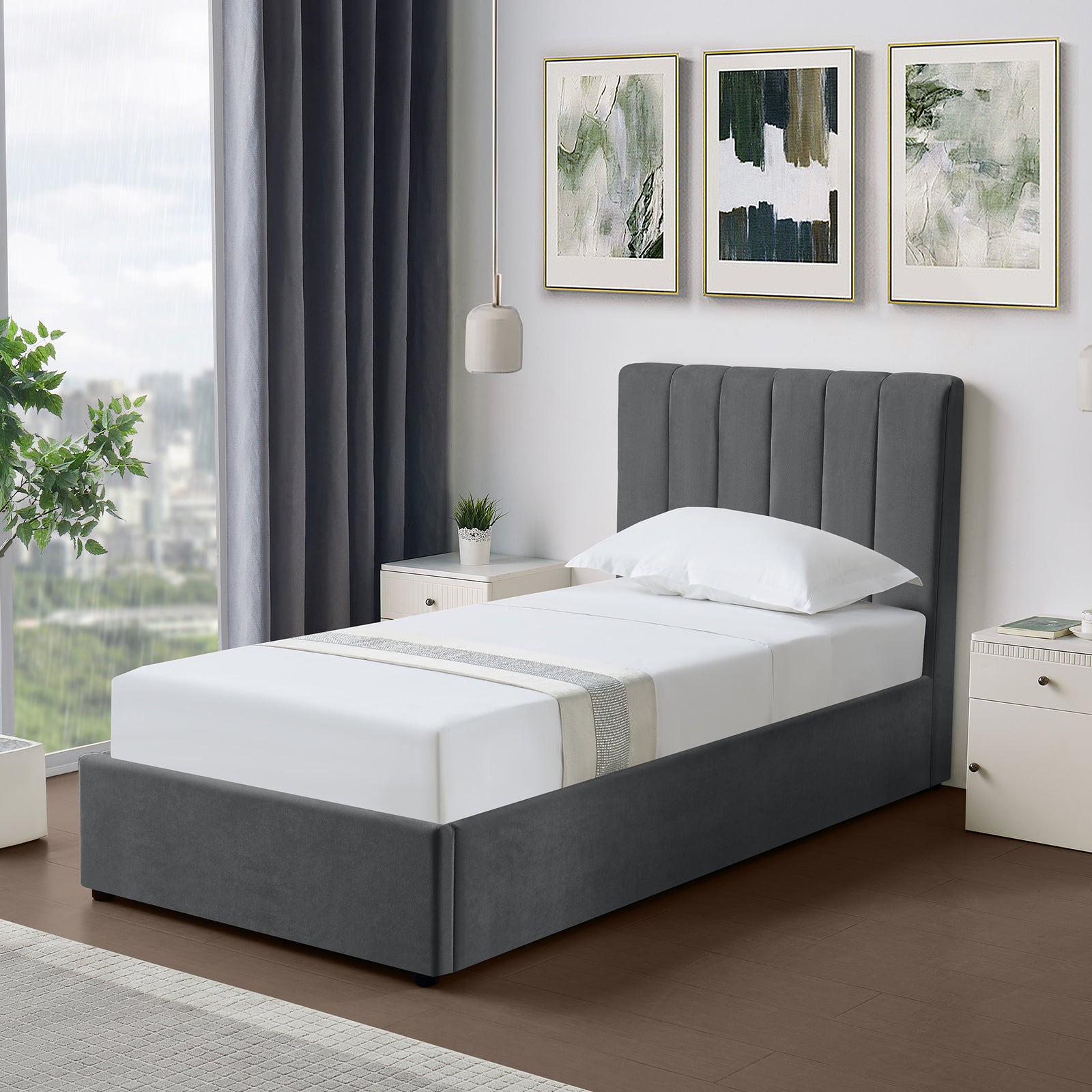 Evelynne Fabric Ottoman Bed Frame With Storage | Single | Dark Grey