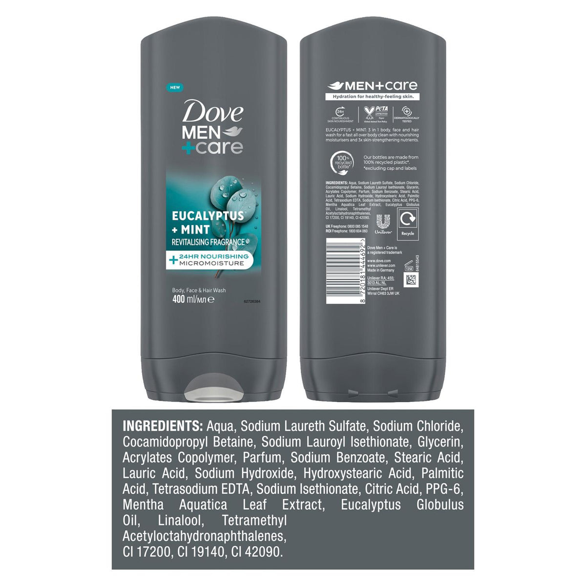 3-in-1 Hair, Body & Face Wash Eucalyptus+mint Fragrance | Set of 18