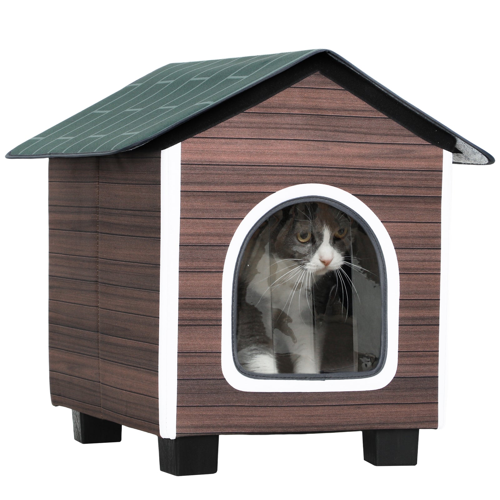PawHut Outdoor Cat House With Elevated Base, Cushion, Red-brown