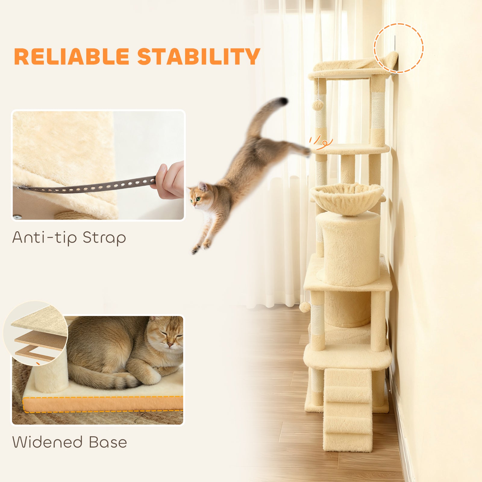 170 Cm Cat Tree, Large Cat Tower With 7 Scratching Posts | Beige