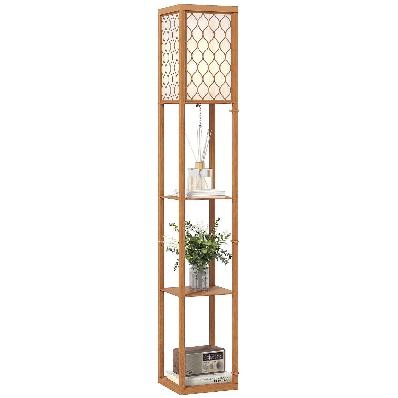 Modern Floor Lamp Light With 3 Shelves Fabric Lampshade | Natural