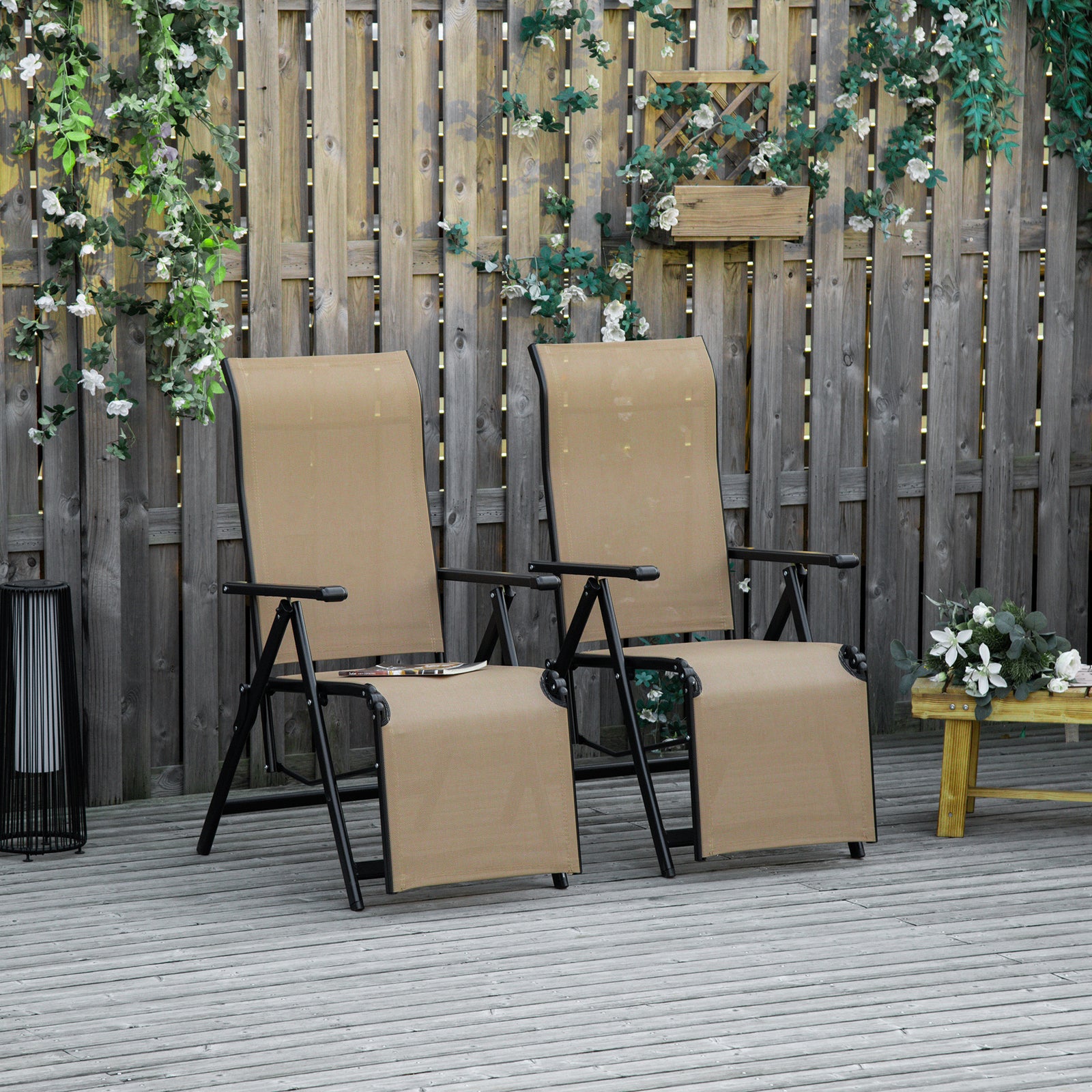 Set Of 2 Outdoor Sun Recliner Loungers W/adjustable Footrest | Beige