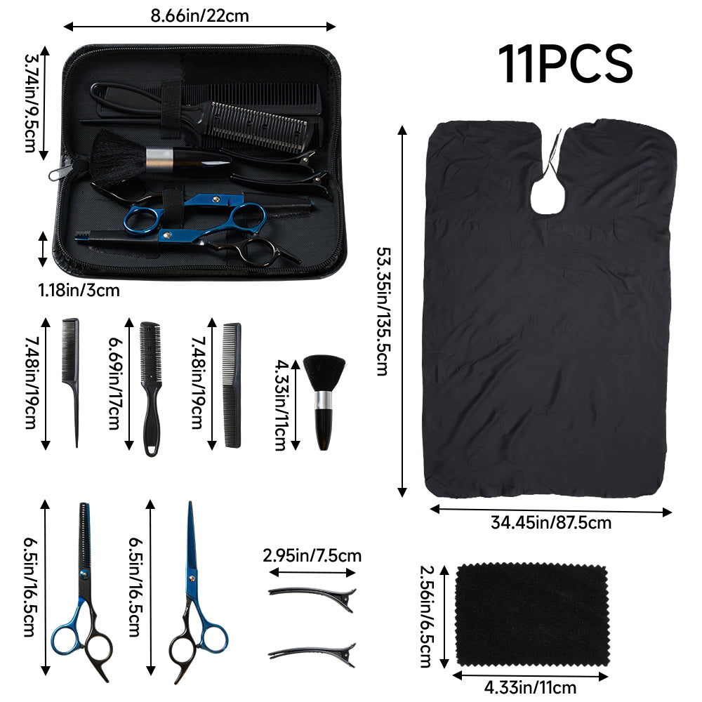11-piece Hair Cutting Scissors Thinning Shears Set | Black & Blue