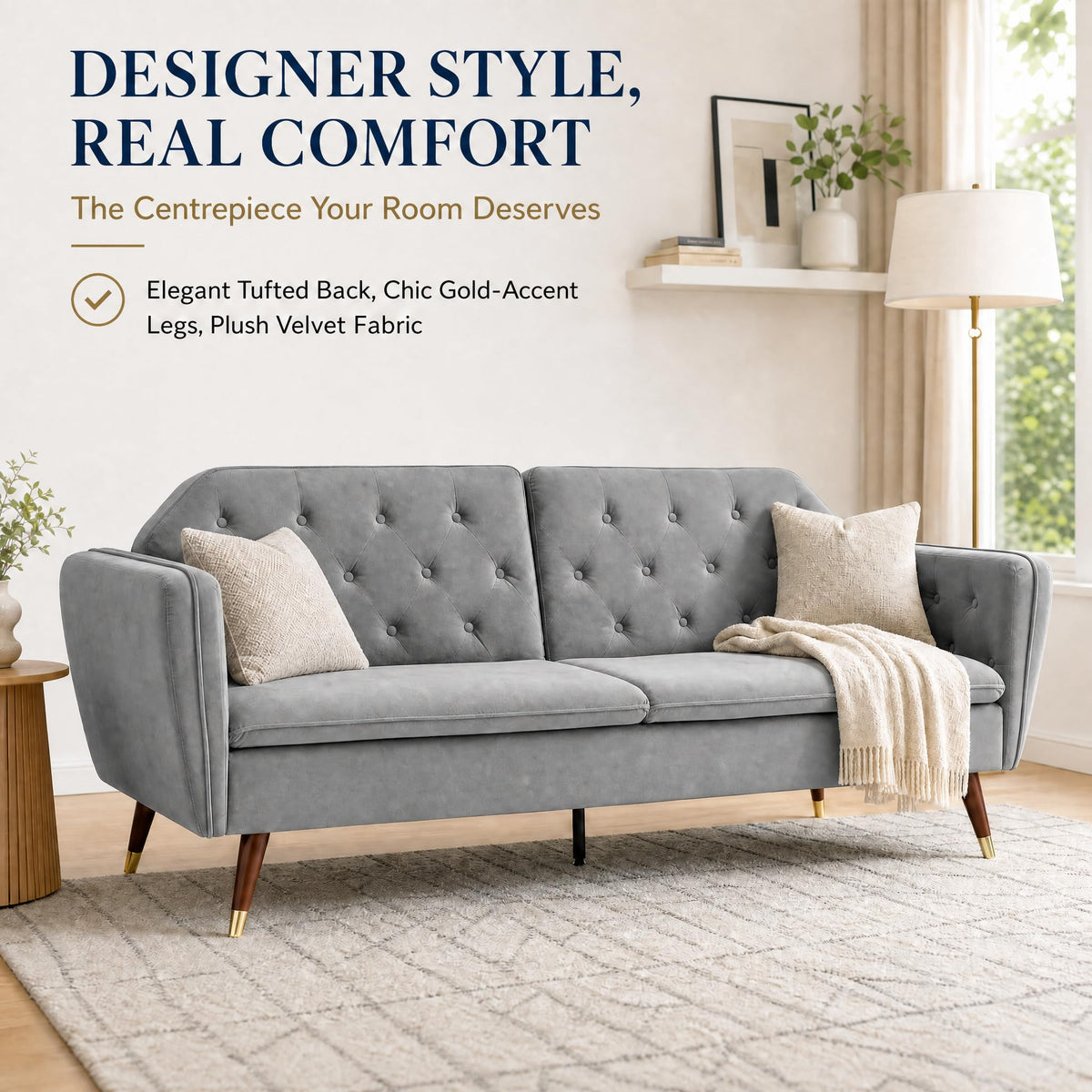 Victoria Velvet Sofa Bed 3 Seater | Light Grey