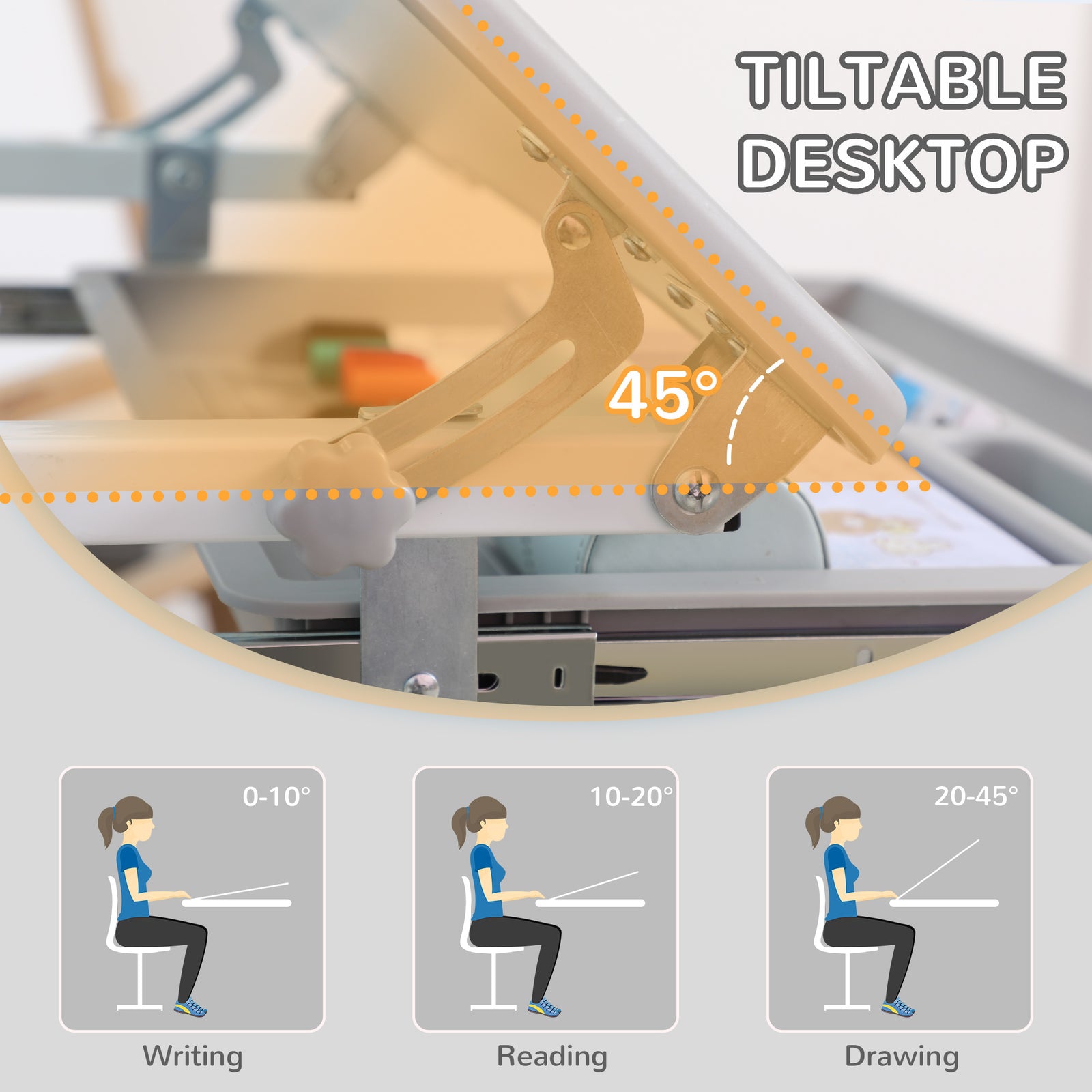 Kids Desk And Chair Set W/ Drawer, Pen Slot Hook | Grey