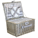 Grey Checked Picnic Wicker Basket With Cooler | 4-Person | Gray