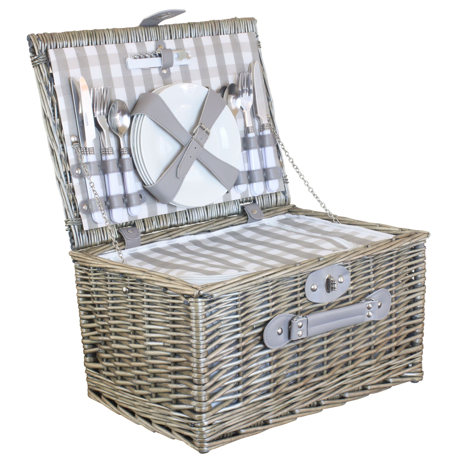 Grey Checked Picnic Wicker Basket With Cooler | 4-Person | Gray