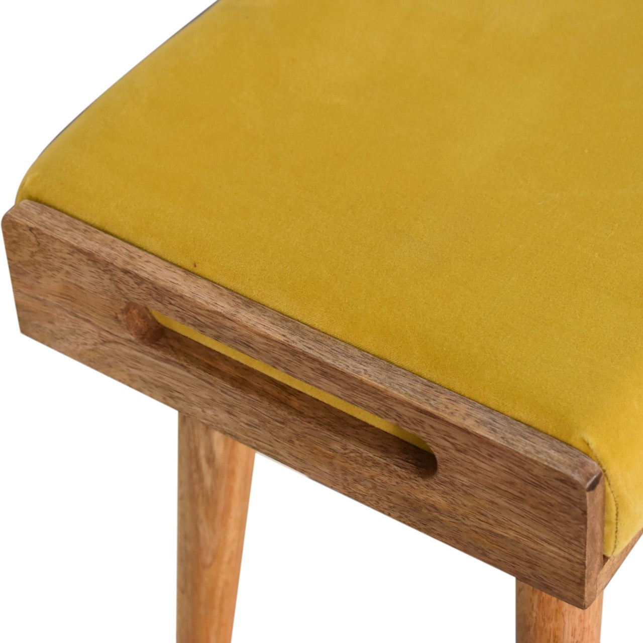Solid Mango Wood Mustard Velvet Tray Style Footstool