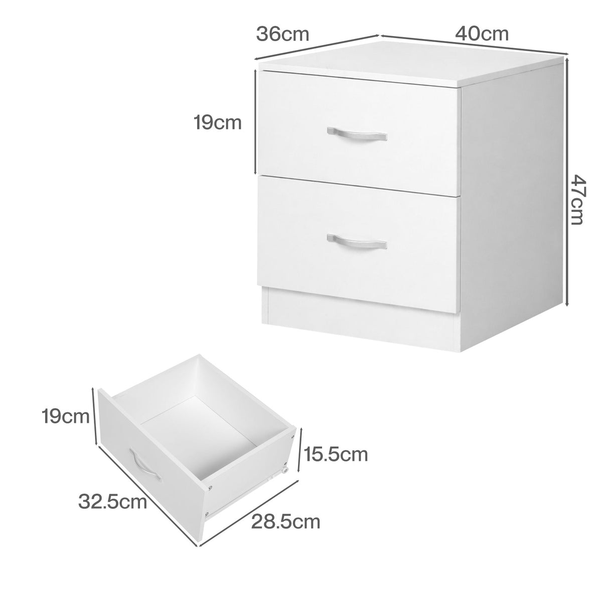 Bedside Table 2 Drawer Metal Handles Runners White Bedroom Cabinet | White