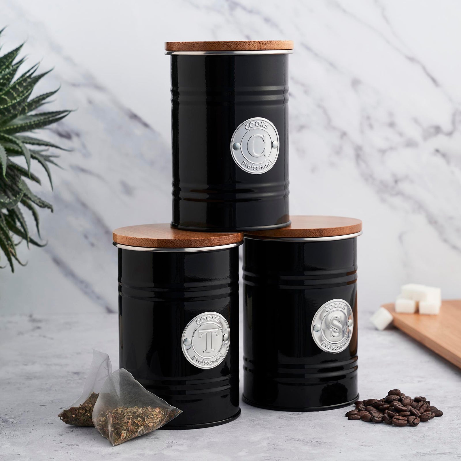 3-piece Kitchen Storage With Bamboo Lids Tea Coffee Sugar | Black