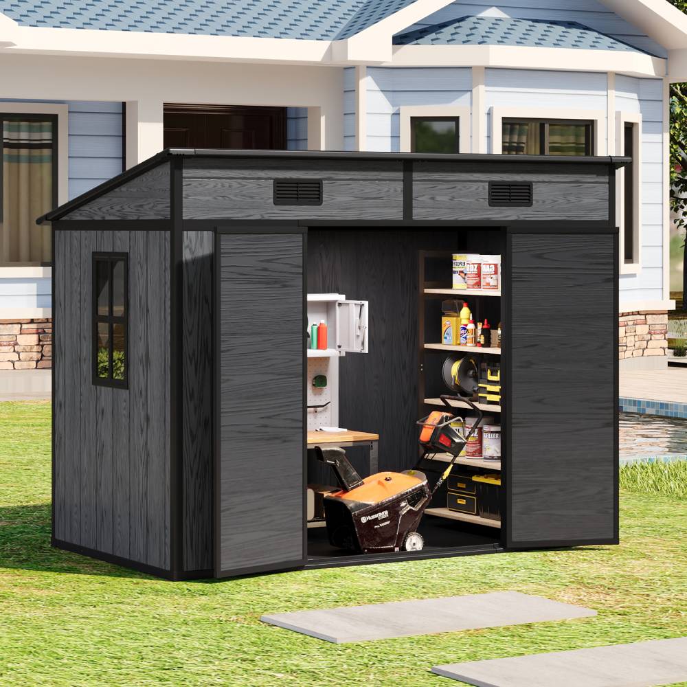 8x4ft Outdoor Plastic Storage Shed With Floor, Window, 2 Vents & Double Lockable Doors,wood Grain Design