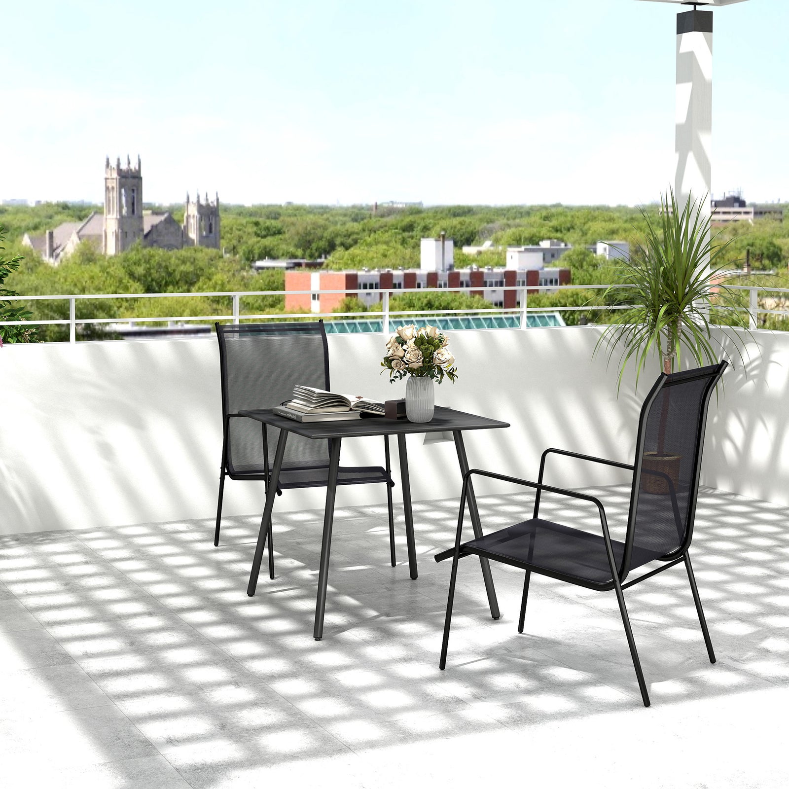 Garden Table For 4/6 Person W/ Slat Top, Steel | Medium | Black