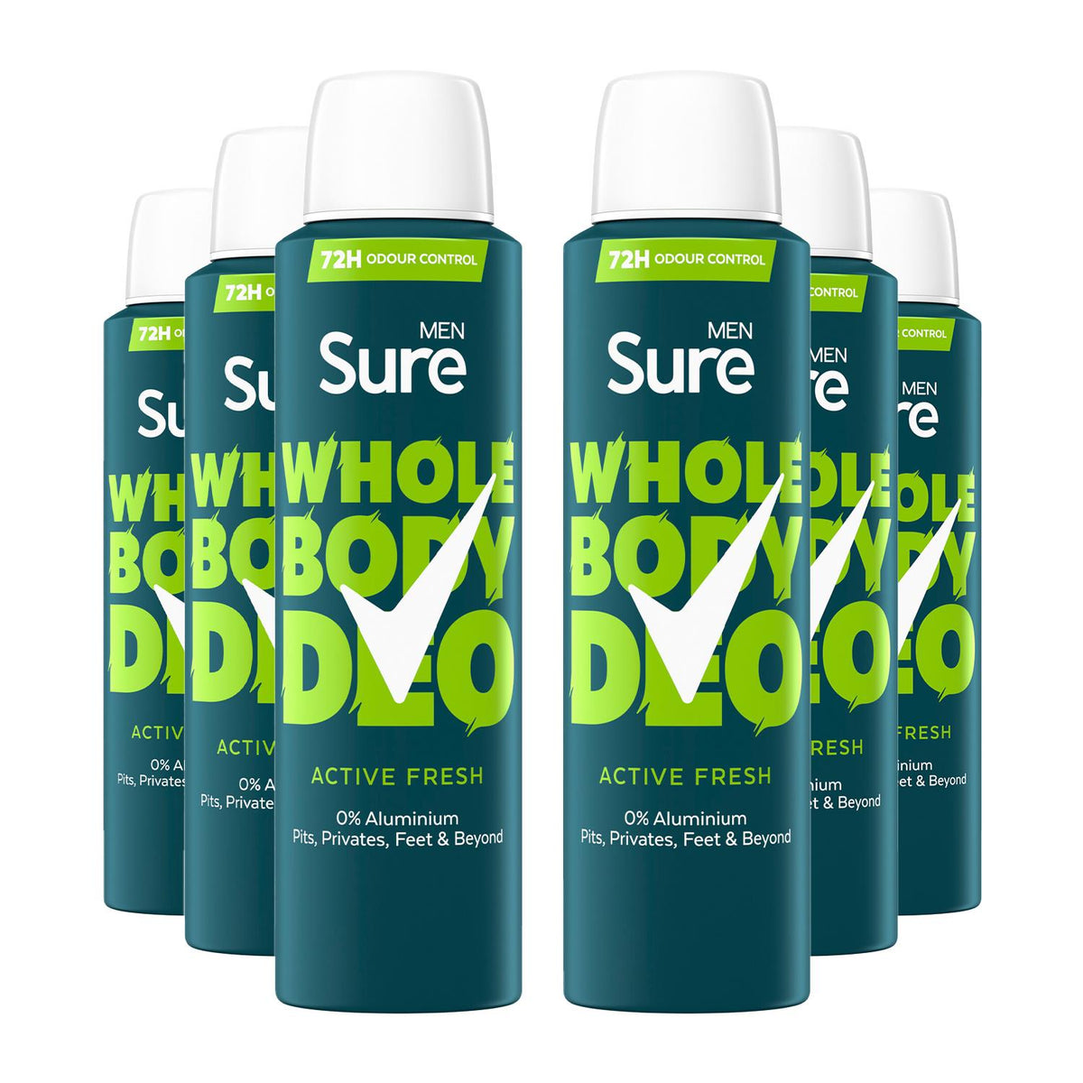 Men Whole Body Deodorant Spray Active Fresh W/ 72h Odour Control 150ml, 6pk | Set of 6