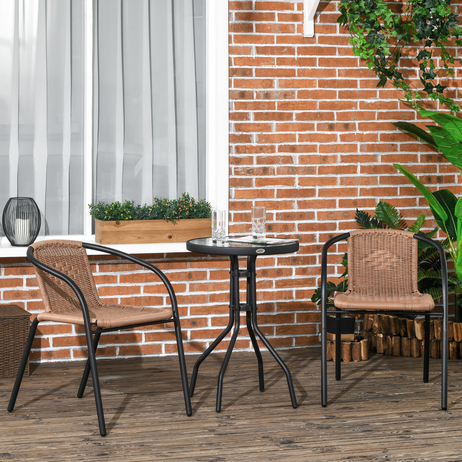 3 Pieces Garden Furniture Set With 2 Stackable Chairs | Brown