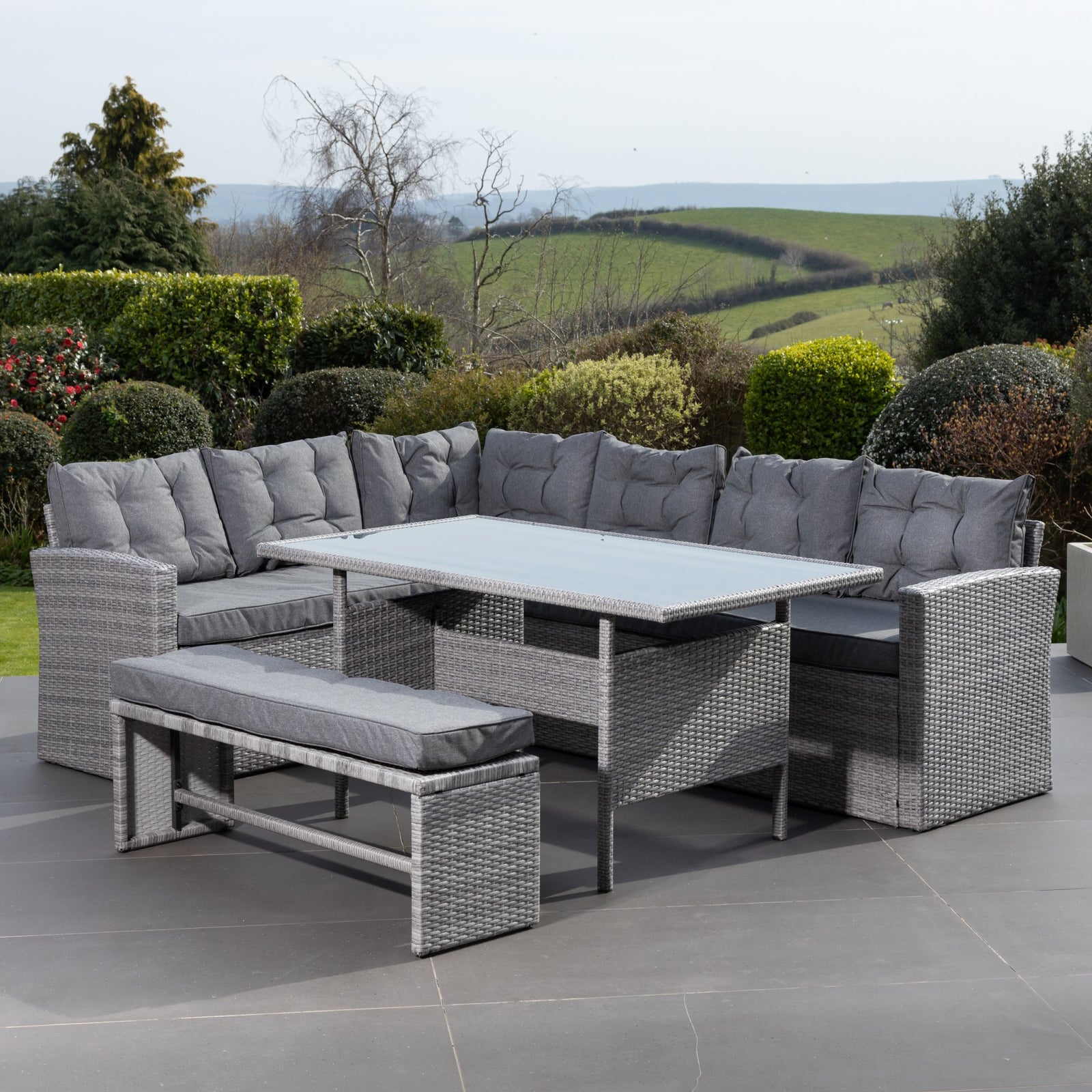 Piana Outdoor Rattan Corner Sofa With Table And Bench | Set of 10 | Grey