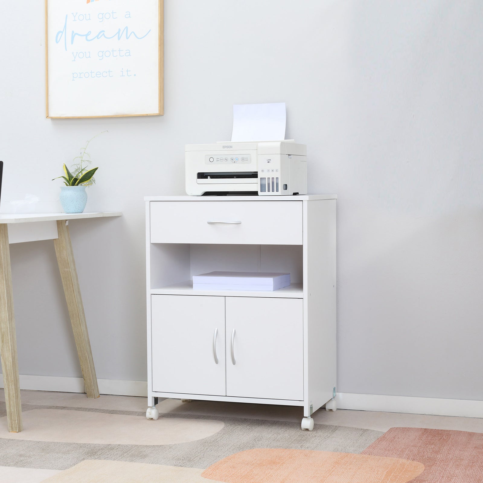 Mobile Printer Stand W/ Storage Shelf Universal Wheels | One Size | White