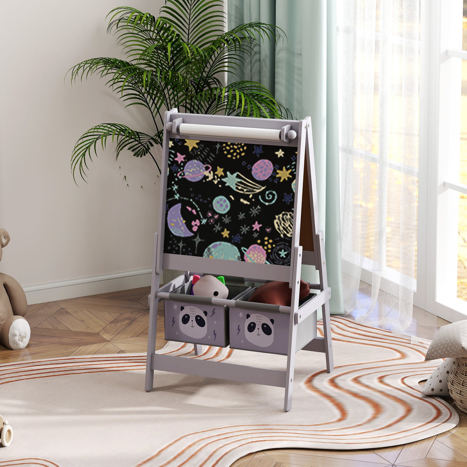 Kids Easel With Paper Roll, Blackboard, Whiteboard, Storage, Grey