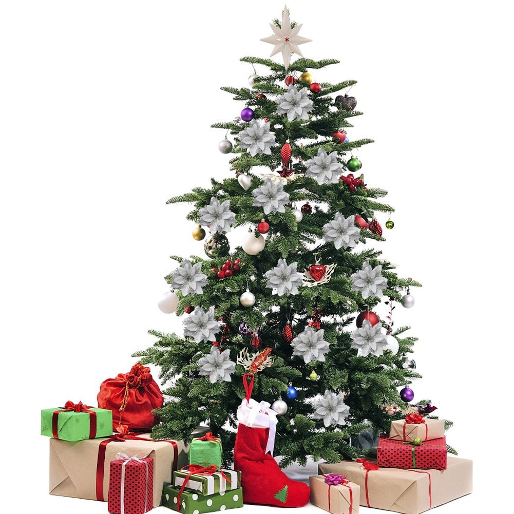 24 Pieces Artificial Christmas Tree Flowers Xmas Festive Poinsettia Flowers Ornament Set | Silver