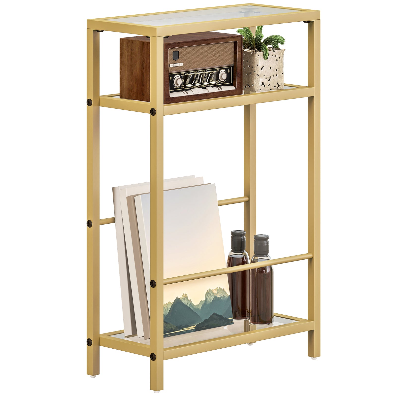 Slim Side Table, End Table With Tempered Glass Tabletop | Gold
