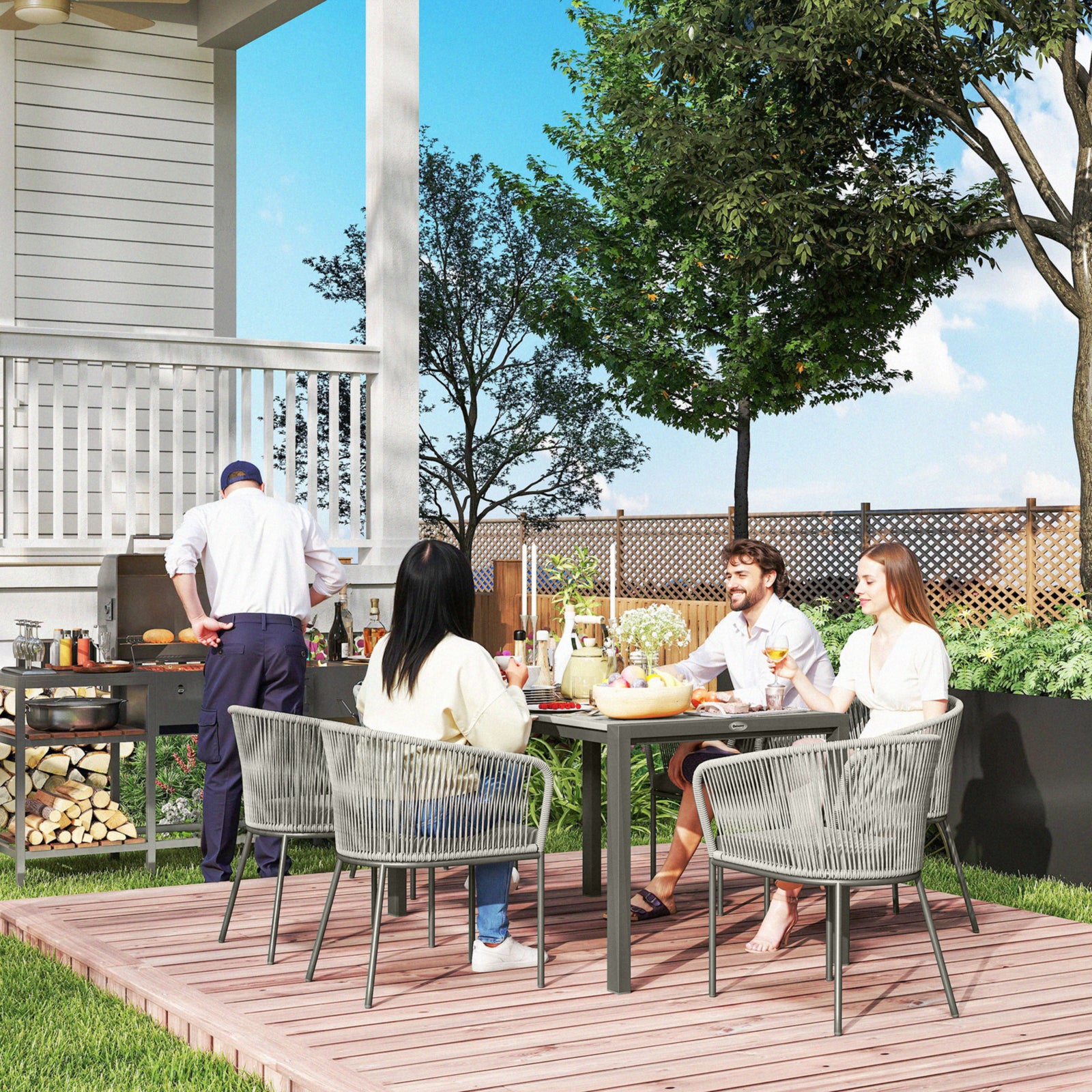 6 Seater Rattan Dining Set, Acacia Wood Top, Grey