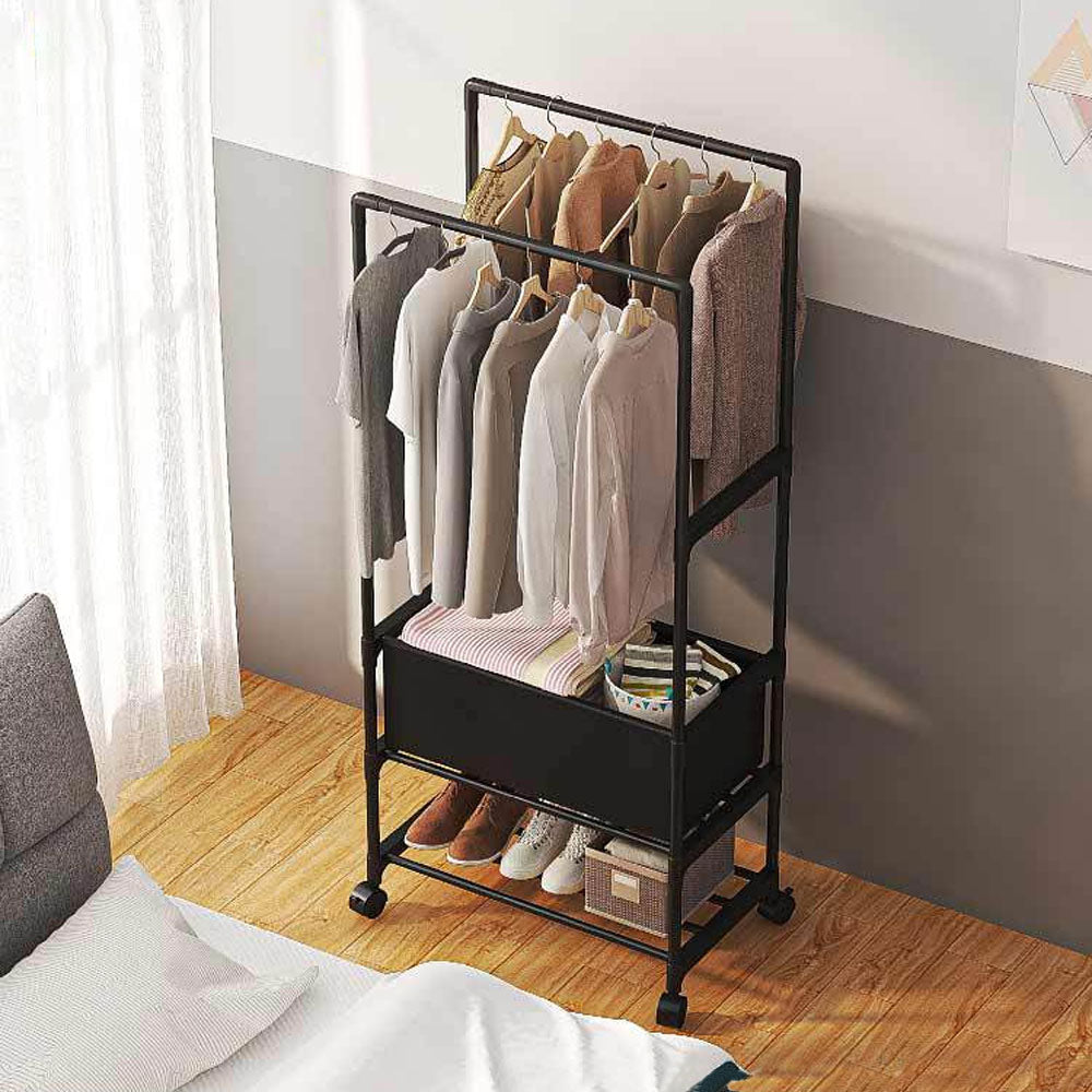 Double Rod Metal Clothes Rack On Wheels | Large | Black